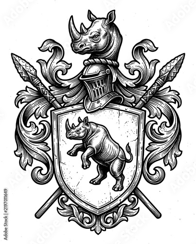 Vintage engraving heraldic coat of arms with a rhino on a shield, knight helmet, and crossed spears, isolated transparent background.