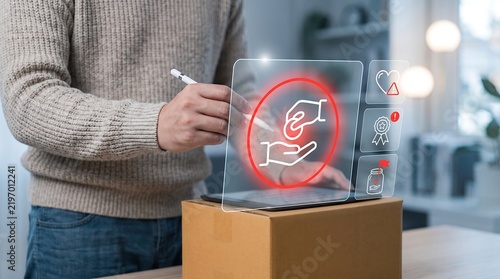 Person interacting with a digital interface showing a prohibition sign over a money exchange icon.