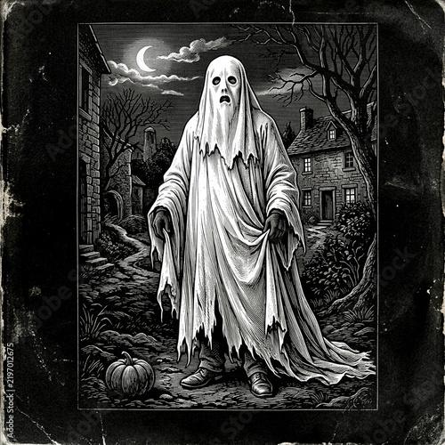 vintage engraved illustration halloween ghost walking in a street