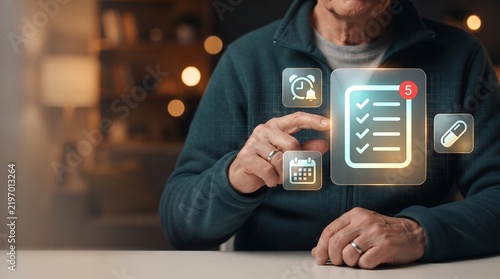 Elderly man interacting with futuristic digital task management interface in a home setting.