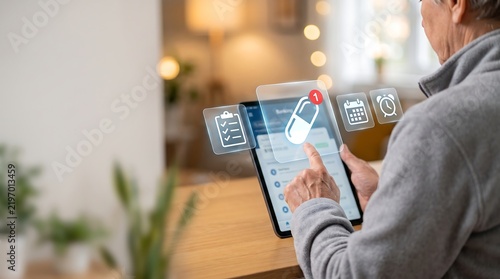 Elderly man using a digital tablet with augmented reality holograms inside his home.