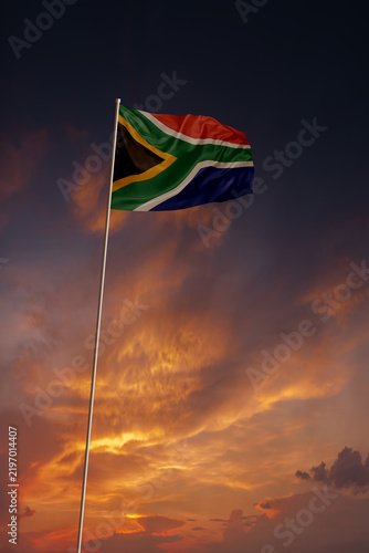National flag of South Africa in evening sky for holiday card design