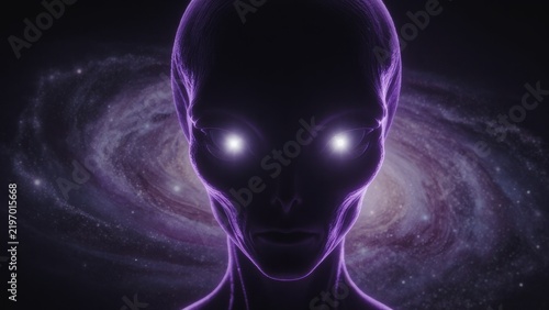 Mysterious Alien Figure with Glowing Eyes Against a Cosmic Background
