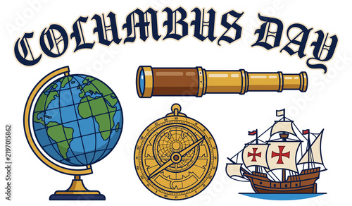Bild auf Leinwand Columbus Day educational exploration equipment set with globe astrolabe telescop