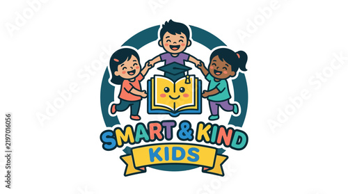 Smart and Kind Kids Logo with Diverse Children and Open Book.