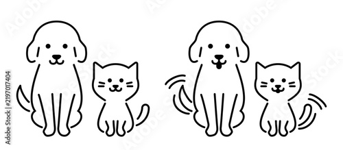 Obraz na płótnie 線画のかわいい犬と猫、シンプルないぬとねこ、ペットのベクターアイコンイラスト素材セット