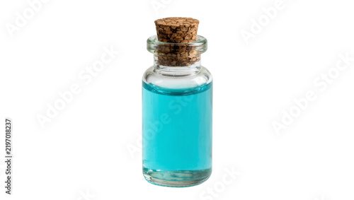Obraz na płótnie Small glass vial with cork stopper filled with bright blue liquid, isolated on t