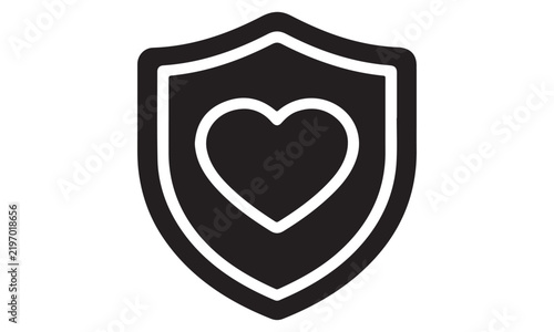 Black silhouette shield icon featuring a heart shape inside