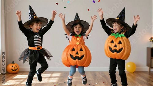 Four joyful kids in Halloween costumes jump happily, surrounded by pumpkins and confetti.