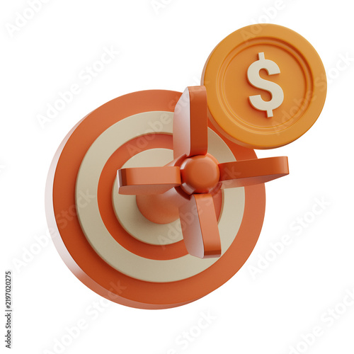 3D illustration of a target with an arrow hitting the bullseye and a dollar coin, symbolizing financial success, investment, and goal achievement.