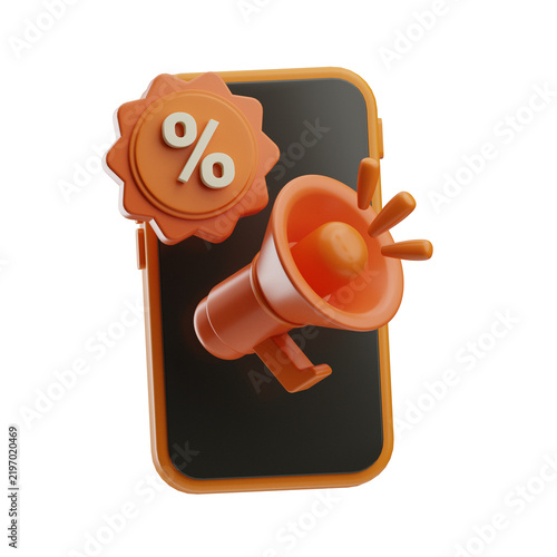 A digital illustration of a smartphone with a megaphone and a discount percentage badge, symbolizing marketing, sales, or promotional announcements.