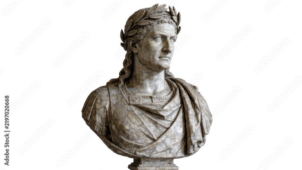 Fototapeta premium Marble bust of Roman emperor Augustus wearing laurel wreath, isolated on transparent background