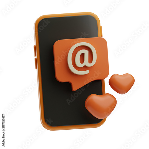 Orange smartphone displaying an email notification icon with two heart symbols, representing communication, social media, or messaging themes.