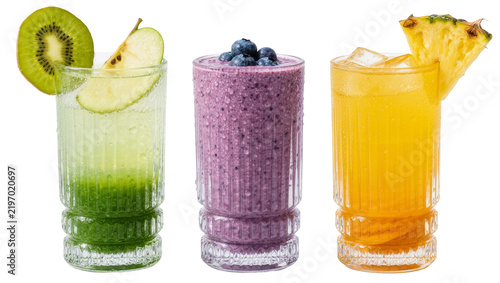Photography Three colorful fruit drinks with kiwi apple blueberry and pineapple garnishes, i