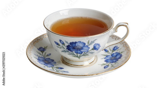 Elegant porcelain teacup with blue floral pattern and golden trim filled with amber tea, isolated on transparent background