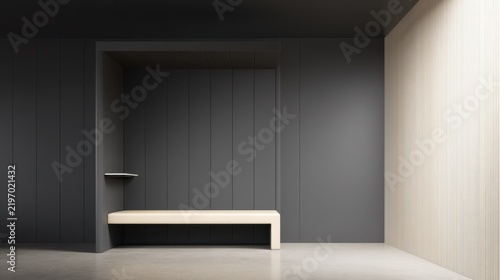 Bench in a modern room with dark walls and wooden elements
