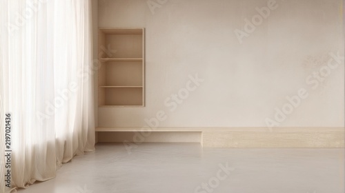 Simple room with shelves and curtains during the day