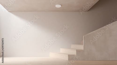 Stairs leading to a simple, quiet space with natural light