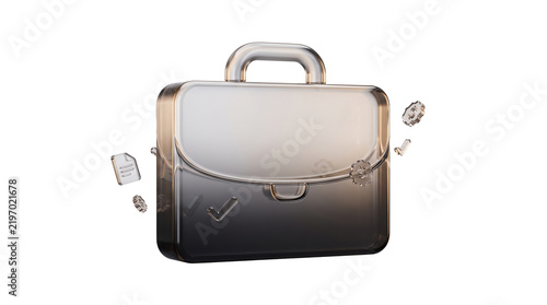 Futuristic glass briefcase with floating business icons, translucent 3d office bag, sleek professional portfolio case for corporate finance and career growth