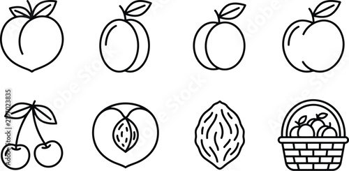 Collection of black and white line art icons depicting various stone fruits and berries with nutrition