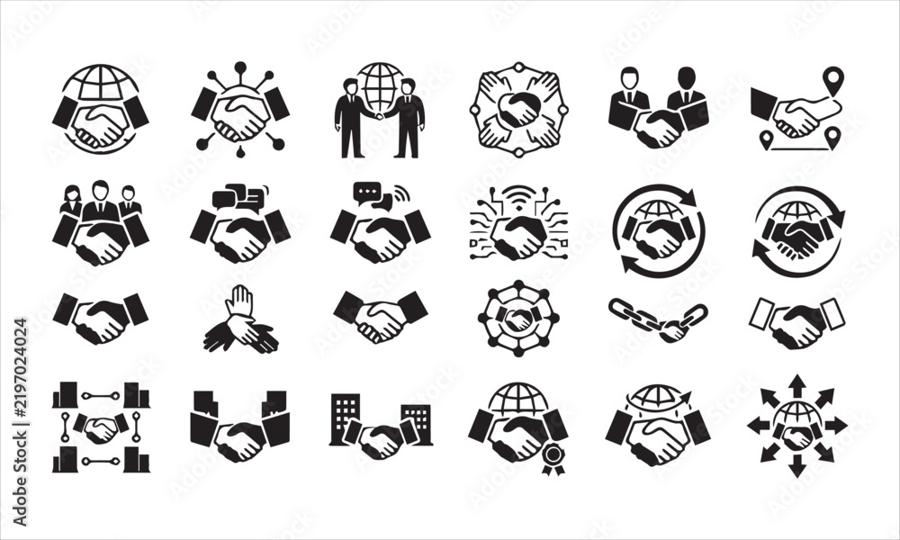 Fototapeta premium Handshake icon set with global and networking symbols for international partnership.