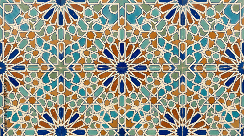 Handcrafted ceramic tile patterns with Mediterranean and Moorish geometric motifs, weathered glaze, rich blue, turquoise, green and terracotta tones, intricate symmetry, vintage texture, elegant style
