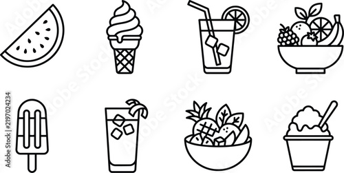 Refreshing summer treats and healthy food icons line art collection with watermelon softserve beverage popsicle