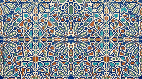 Handcrafted ceramic tile patterns with Mediterranean and Moorish geometric motifs, weathered glaze, rich blue, turquoise, green and terracotta tones, intricate symmetry, vintage texture, elegant style