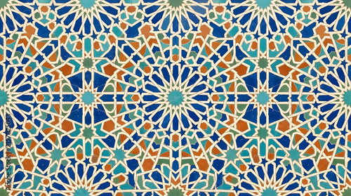 Handcrafted ceramic tile patterns with Mediterranean and Moorish geometric motifs, weathered glaze, rich blue, turquoise, green and terracotta tones, intricate symmetry, vintage texture, elegant style