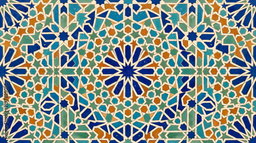 Handcrafted ceramic tile patterns with Mediterranean and Moorish geometric motifs, weathered glaze, rich blue, turquoise, green and terracotta tones, intricate symmetry, vintage texture, elegant style