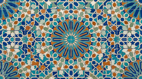 Handcrafted ceramic tile patterns with Mediterranean and Moorish geometric motifs, weathered glaze, rich blue, turquoise, green and terracotta tones, intricate symmetry, vintage texture, elegant style