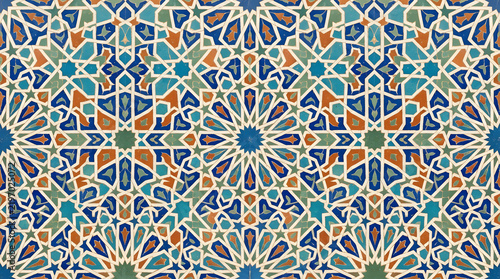 Handcrafted ceramic tile patterns with Mediterranean and Moorish geometric motifs, weathered glaze, rich blue, turquoise, green and terracotta tones, intricate symmetry, vintage texture, elegant style