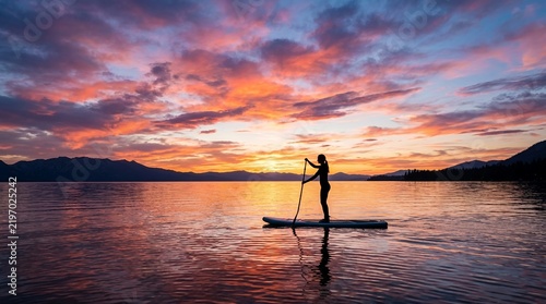 Silhouette of a person paddleboarding on a calm lake at sunset with vibrant clouds.