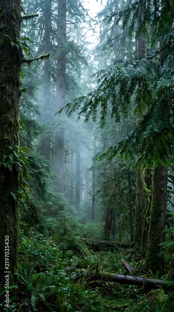 Fototapeta premium Lush green misty forest with tall evergreen pine trees.