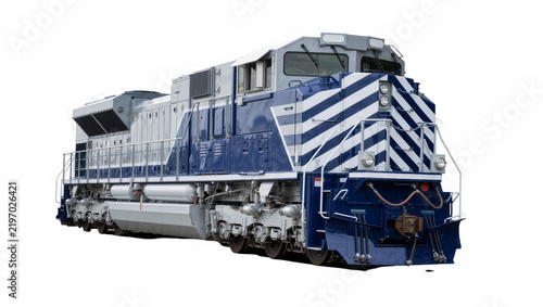 Blue and white striped diesel locomotive engine, isolated on transparent background