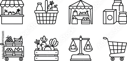 Grocery and farmers market icons in line style with vegetable shopping illustration collection monochrome isolated