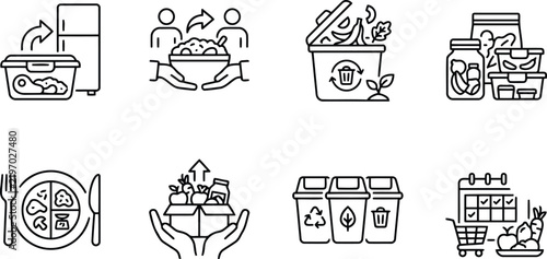 Sustainable meal preparation and food management line icons with planning sustainability refrigerator container
