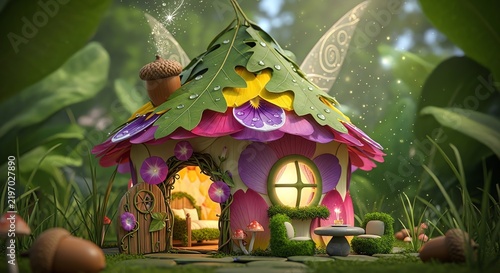 Miniature house made of leaves and flower petals