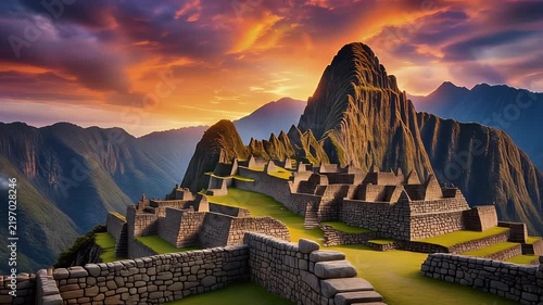 The ancient Inca citadel of Machu Picchu is bathed in the golden light of a dramatic sunset.