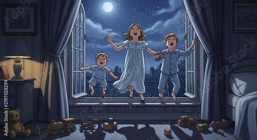 Three children in pajamas jumping through window