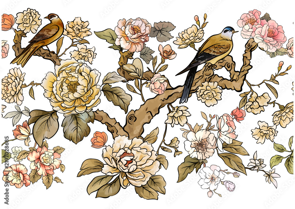 Obraz premium Elegant seamless chinoiserie pattern with birds, peonies, blossoms, and botanical branches in soft tones. Ideal for wallpaper, fabric, wrapping paper, and decorative backgrounds.