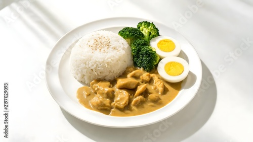 Plate of rice curry with broccoli and boiled eggs