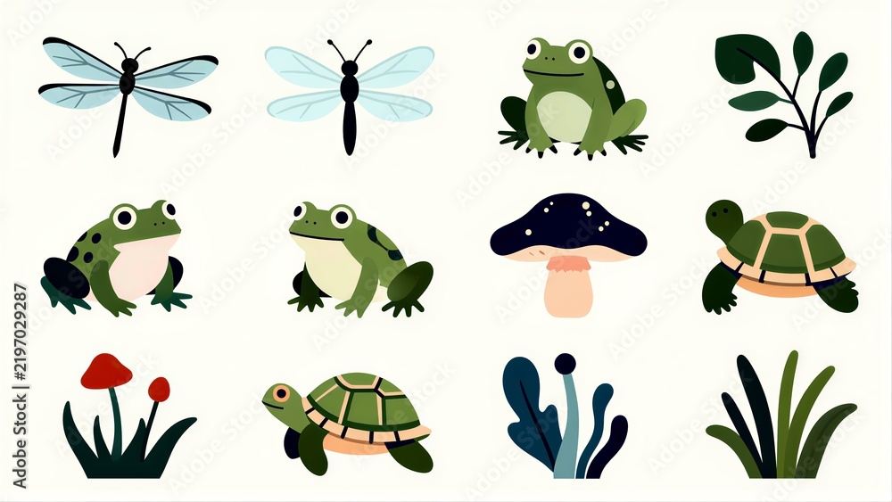 Obraz premium Cute cartoon animals and plants in a nature-themed collection.