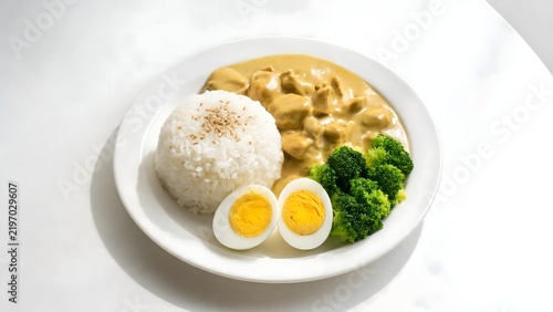 Plate of rice curry with broccoli and boiled egg