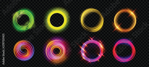 Colorful Neon Glowing Rings and Magic Circles Vector Set