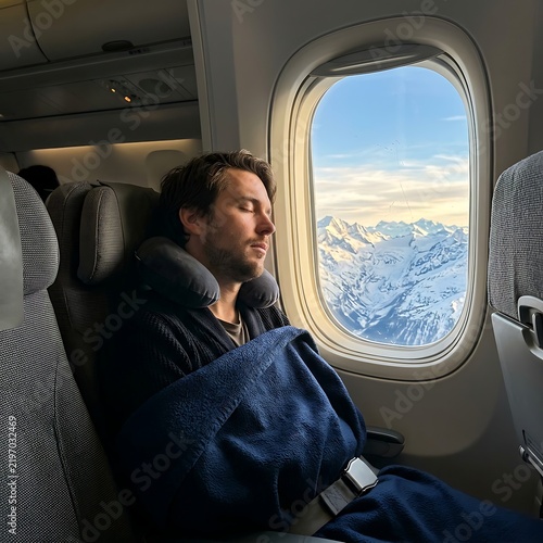 Passenger sleeping on airplane by window with mountain view.
