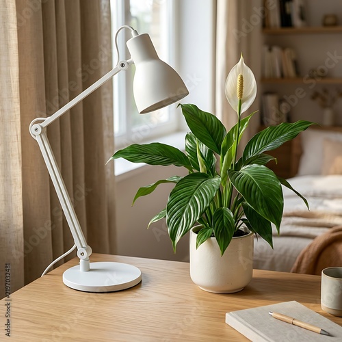 Peace lily plant on wooden desk with lamp.