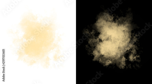 Golden sand explosion on white and black background, yellow dust cloud burst, realistic powder splash effect for motion graphics