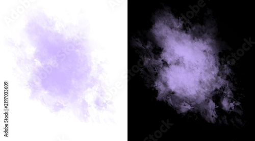 Purple smoke cloud illustration, ethereal violet mist explosion on black and white backgrounds, atmospheric lavender vapor texture for design
