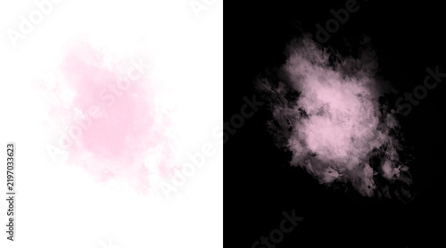 Pink smoke explosion on black and white background, ethereal pastel cloud mist, soft powder burst texture for creative design overlays